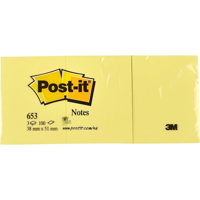 3M Post-It 653 Sarı Not Kağıdı 38 mm x 51 mm 100 Yaprak 3'lü