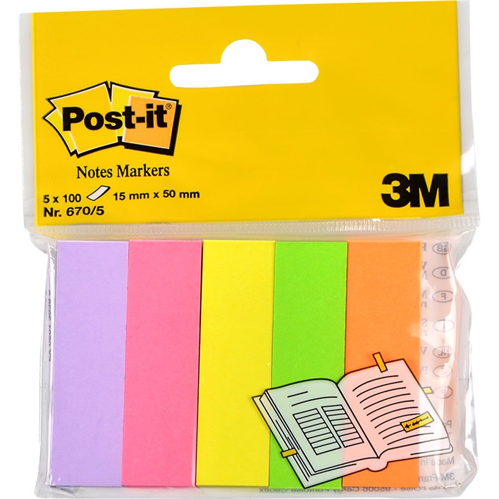 3M Post-it 670 Yapışkanlı Not Kağıdı 15 mm x 50 mm Sayfa İşareti 5 Renk 100 Yaprak