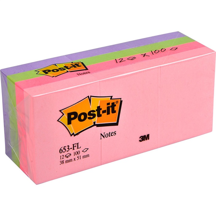 3M Post-it 653FL Yapışkanlı Not Kağıdı 38 mm x 51 mm Floral Pastel Tonları 100 Yaprak 12'li Paket